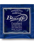 Blue coffee pod package with Blucaffé logo and floral, fruity aroma description, made in Italy Lake Garda