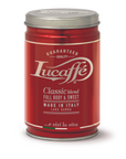 Red metal tin of Lucaffé Classic blend coffee beans, Italian full body and sweet flavor, 250g packaging.