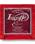 Red Lucaffé Exquisit coffee pod with Italian espresso branding and guaranteed quality label.