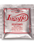 Lucaffe decaffeinated 100% Arabica coffee pod, made in Italy, smooth and sweet flavor, single pod package.